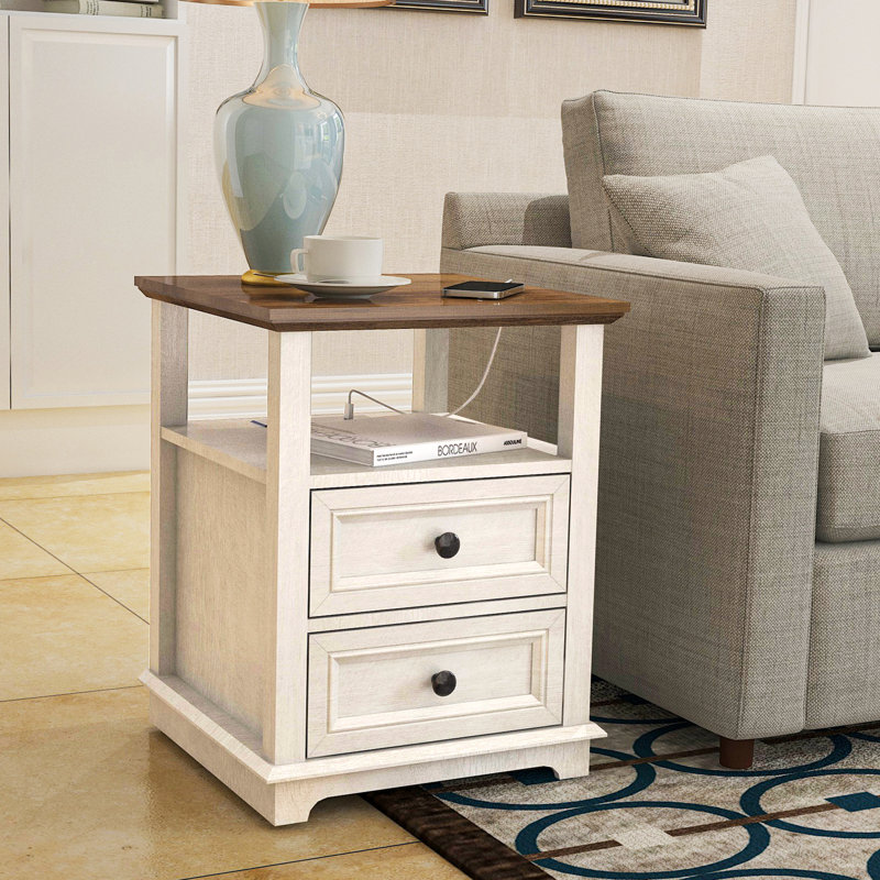 Bijal Tray Top 2 - Drawer End Table and Built-In Outlets, Brown Top/White Base