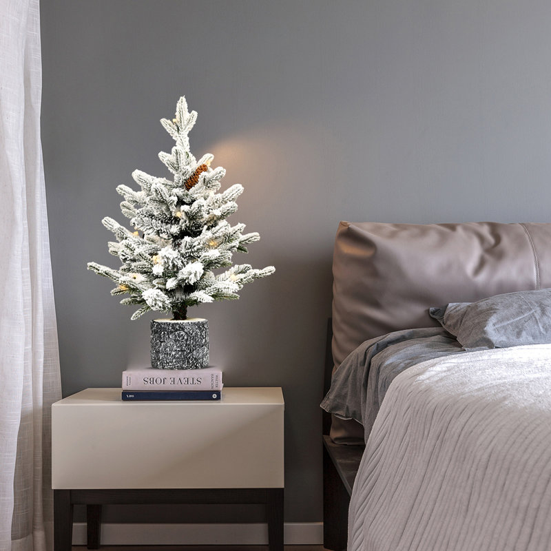 Arbre de Noël floqué avec base en pot, lumières DEL blanc chaud, 6.5'