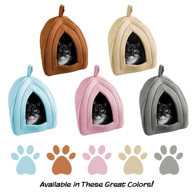 Tan Plush Foam Triangle Cat Bed with Enclosed Hood
