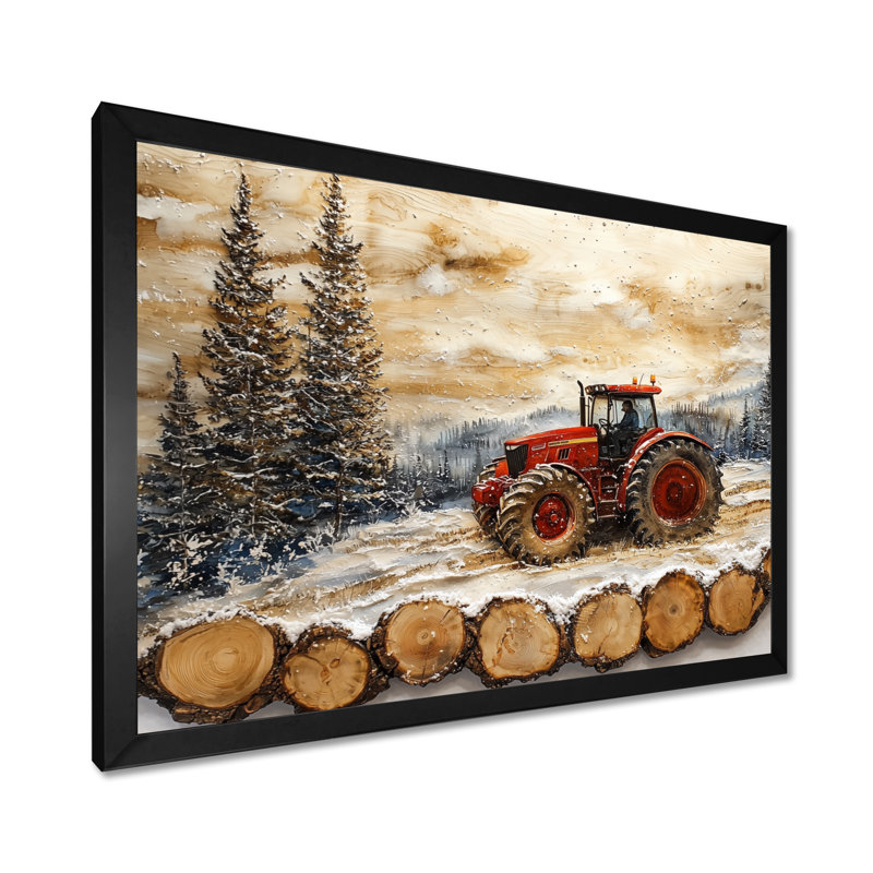 «Large Tractor In A Winter Farm Landscape» - art mural ferme, Reproduction d'une seule photo avec cadre, Noir