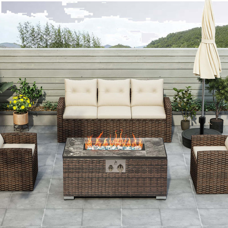 Brown Rattan Gas Fire Pit Table with Ceramic Tile Top