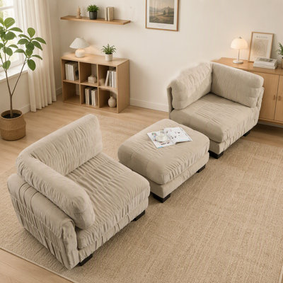 Canapé d'angle modulaire 2 places en chenille camel froncée, 183 cm (72 po) | Forme en L avec pouf amovible | Revêtement en mousse haute densité | Montage facile | Parfait pour le salon ou la chambre