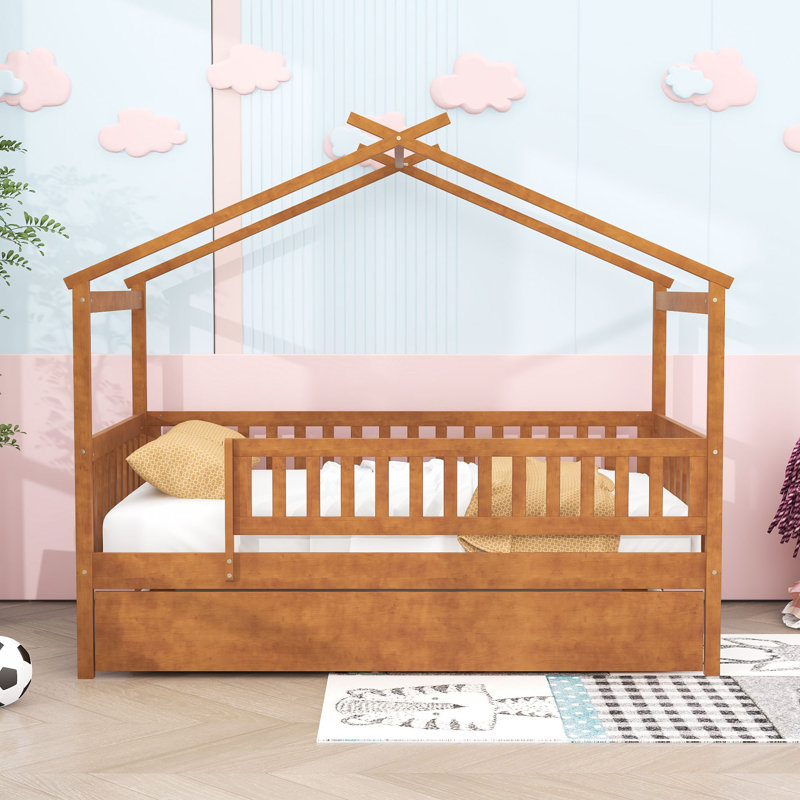 Twin Wood House Bed with Twin Trundle, Walnut