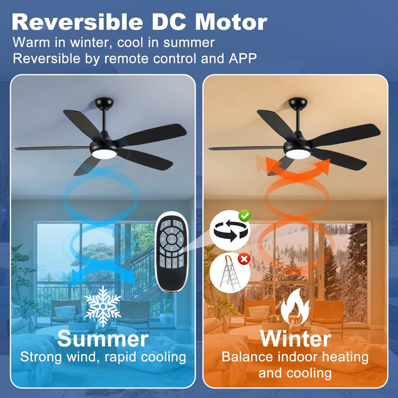 Ventilateur de plafond moderne à DEL avec lumière et télécommande, 5 pales, 6 vitesses, 3CCT, à intensité variable, réversible, silencieux, noir, 42 pouces