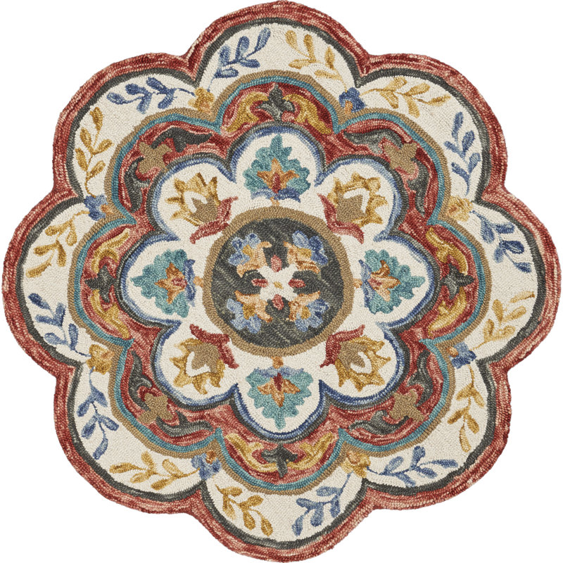 Tapis rond rouge / bleu / orange en laine noué à la main Padula, Rond 6 pi
