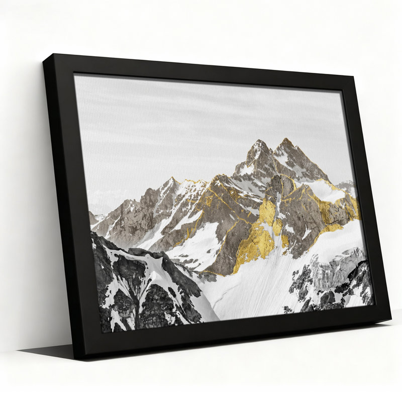 Tableau sur toile représentant une chaîne de montagnes enneigées ornée de feuilles d'or, 24"H x 36"W