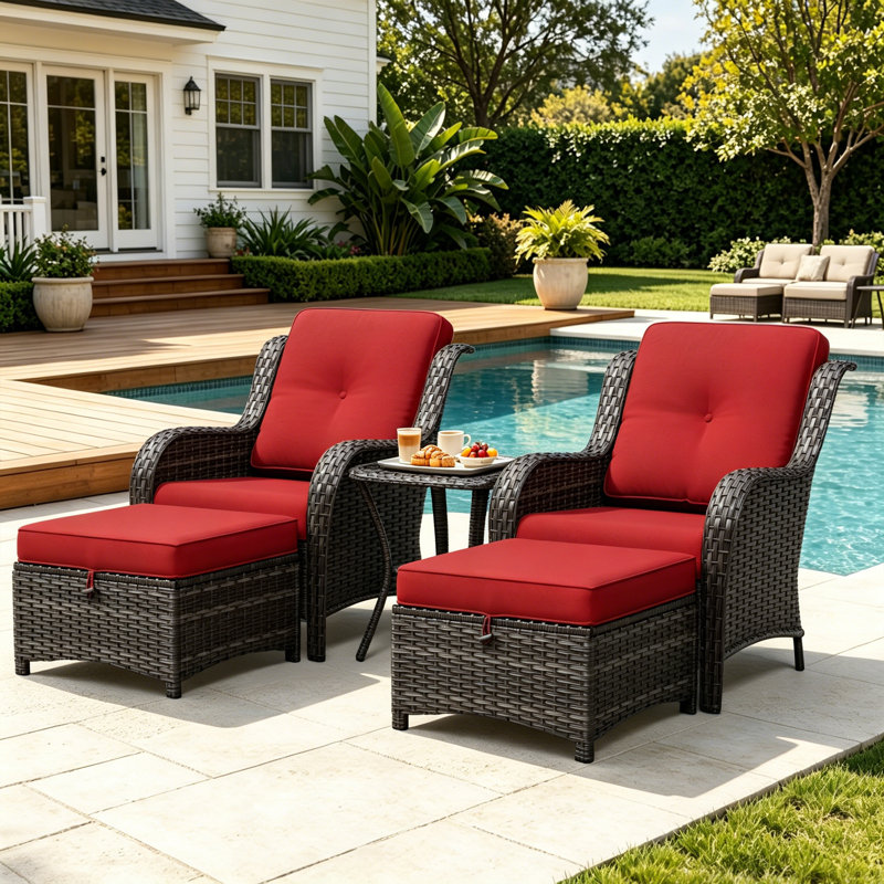 Ensemble de patio en osier 5 pièces 5 pièces, 2 chaises, 2 repose-pieds et table d'appoint avec coussins rouges, Red