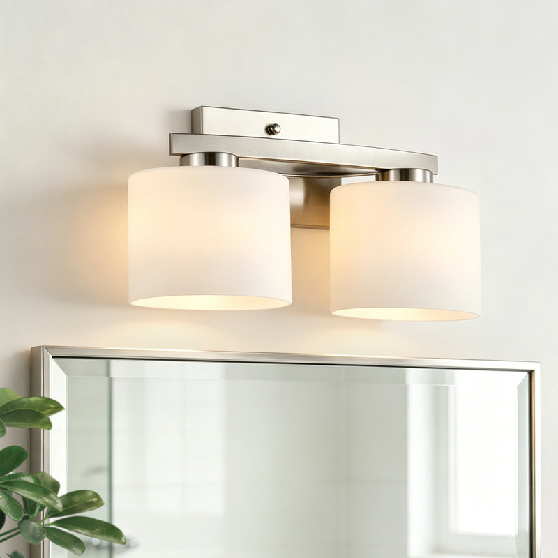 14 po Luminaire pour meuble-lavabo moderne à 2 lumières en nickel brossé avec abat-jour en verre blanc gravé de forme ovale