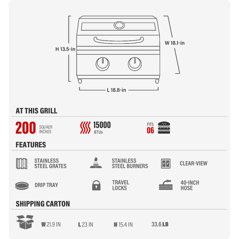 Barbecue portatif au propane liquide à 2 brûleurs 15 000 BTU avec couvercle Monument Grills, Clearview