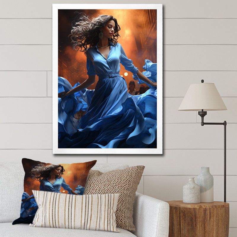 «Leada Cuban Woman Rhythms Blue», reproduction sur toile, H 40 po x l 30 po x P 1,5 po, Cadre photo blanc