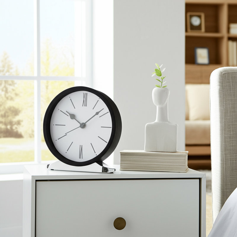 Modern Clock Metal Glass Wood Steel Roman Numerals 7" Black and White Tabletop Decor for Home Office Bedroom Living Room