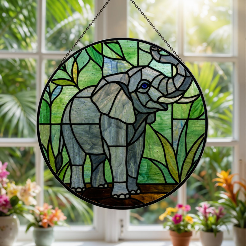 7.8"H Elephant Jungle Stained Glass Window Panel, 7.8" H x 7.8" W