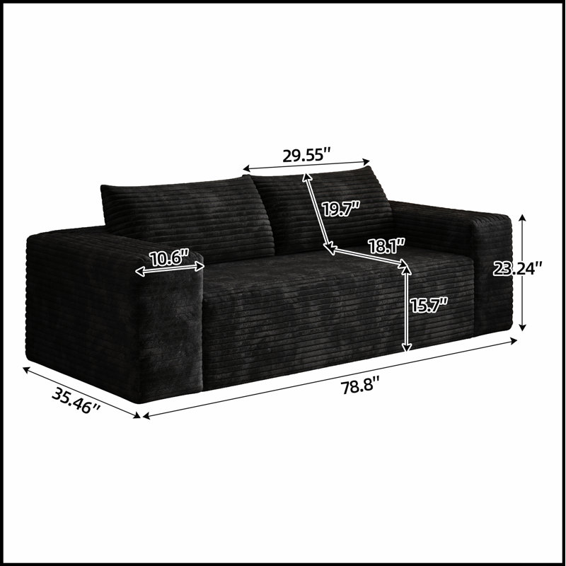 Canapé 3 places en velours côtelé à assise profonde, aucun assemblage requis, parfait pour les salons et les chambres, Noir