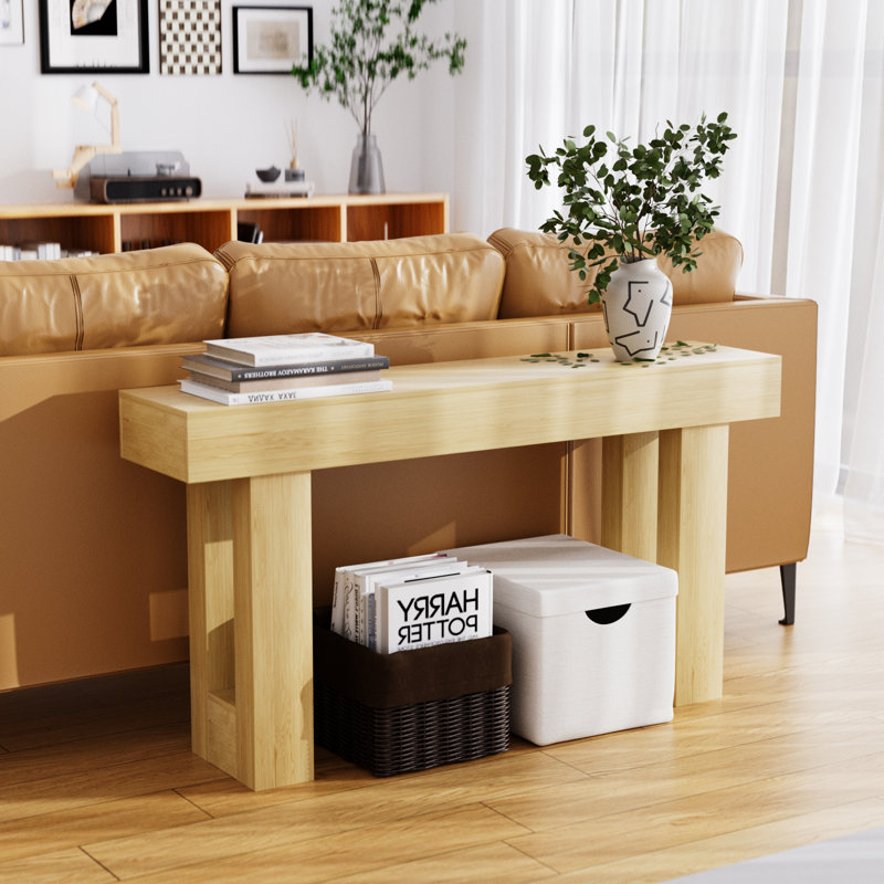 63-Inch Console Table With Charging Station, Natural Wood