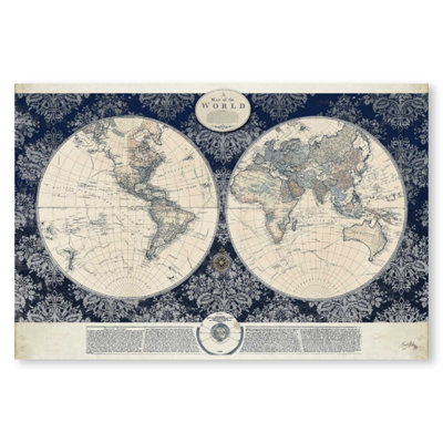 Blue Map Of The Wolrd, Fine Art Giclee Print On Gallery Wrap Canvas
