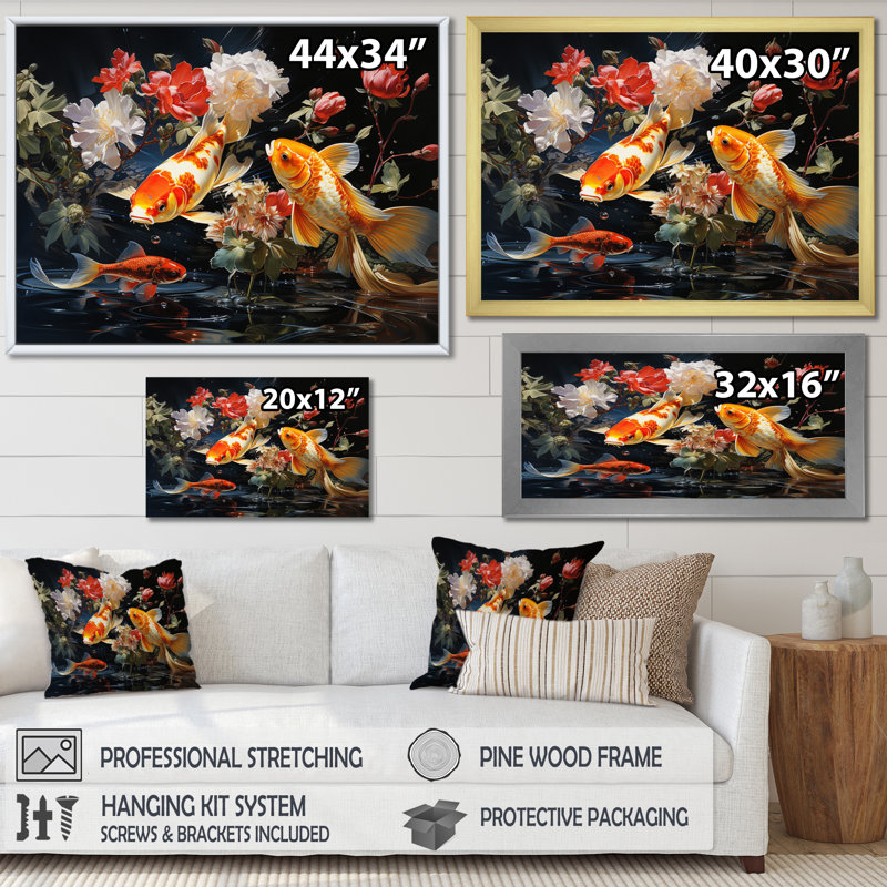Japon jaune et rouge doré Koi I sur toile, H 16 po x l 32 po x P 1 po, Cadre flottant noir