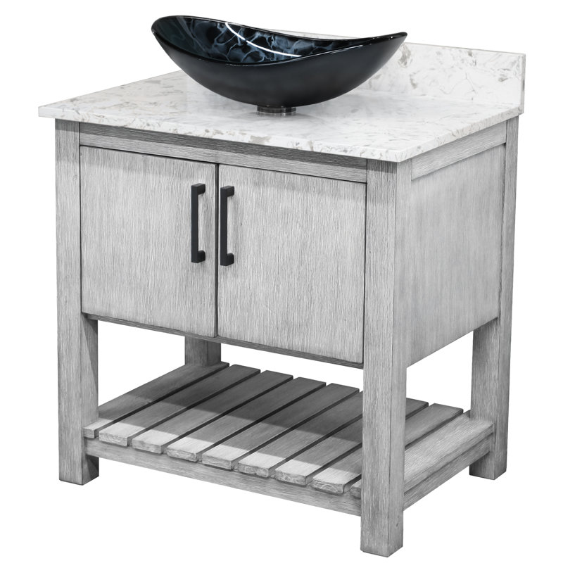 Meuble-lavabo avec comptoir en quartz moka, miroir et lavabo, Noir mat, 30"