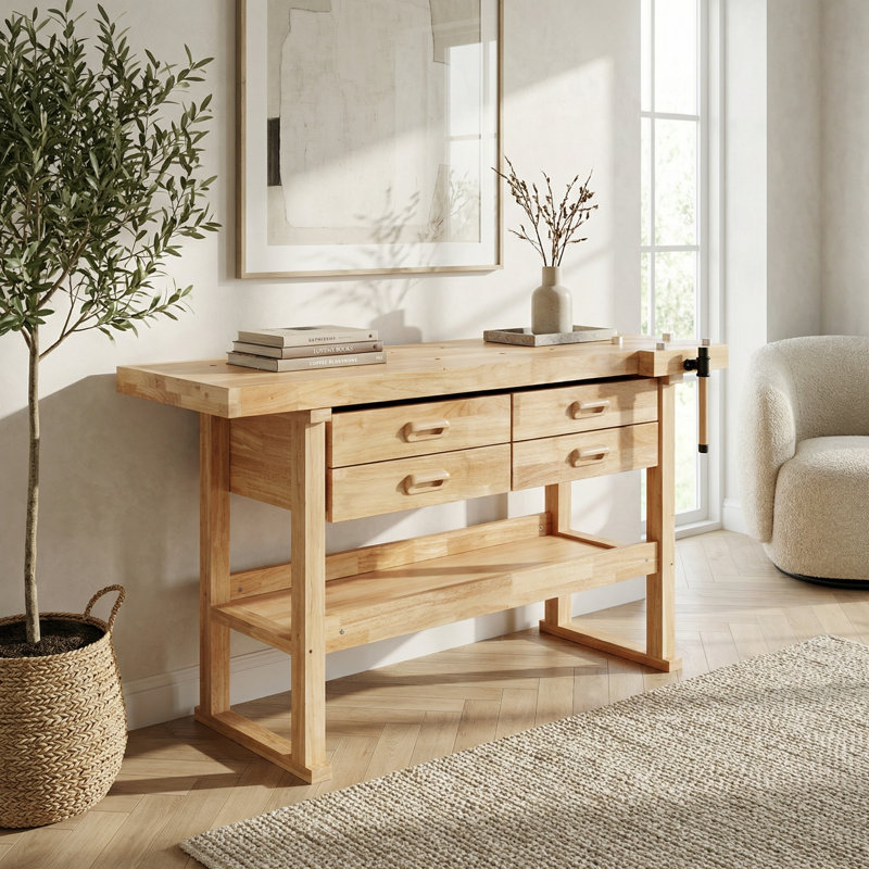 Établi en bois d'hévéa robuste avec 4 tiroirs de rangement, table de travail du bois portative de 60 pouces pour les projets de garage, d'atelier et de maison