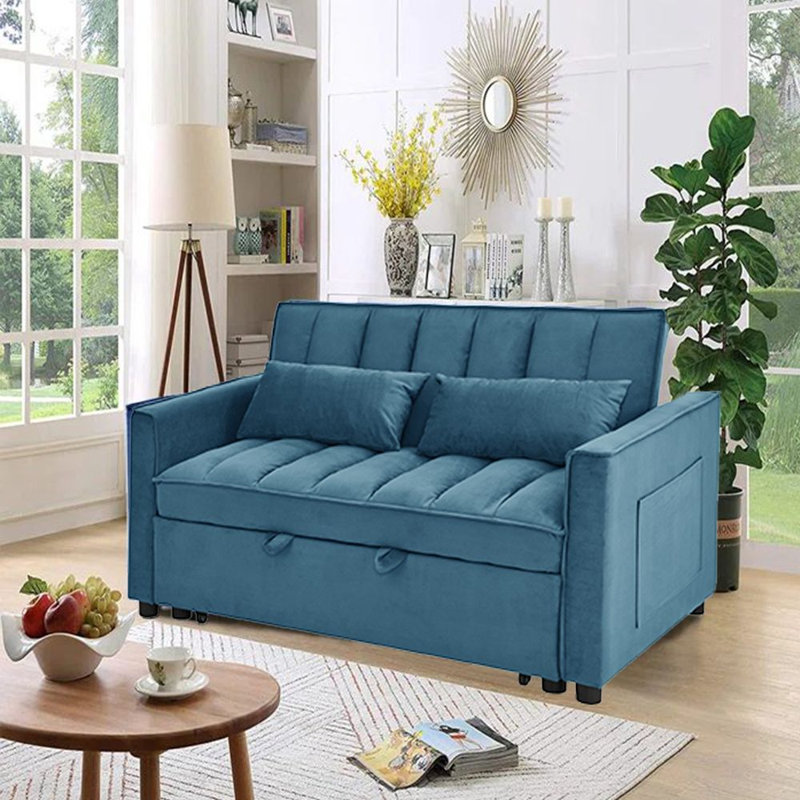 Causeuse convertible Jashlyn, Velours bleu paon, H 31,5 po x l 53 po x P 35 po