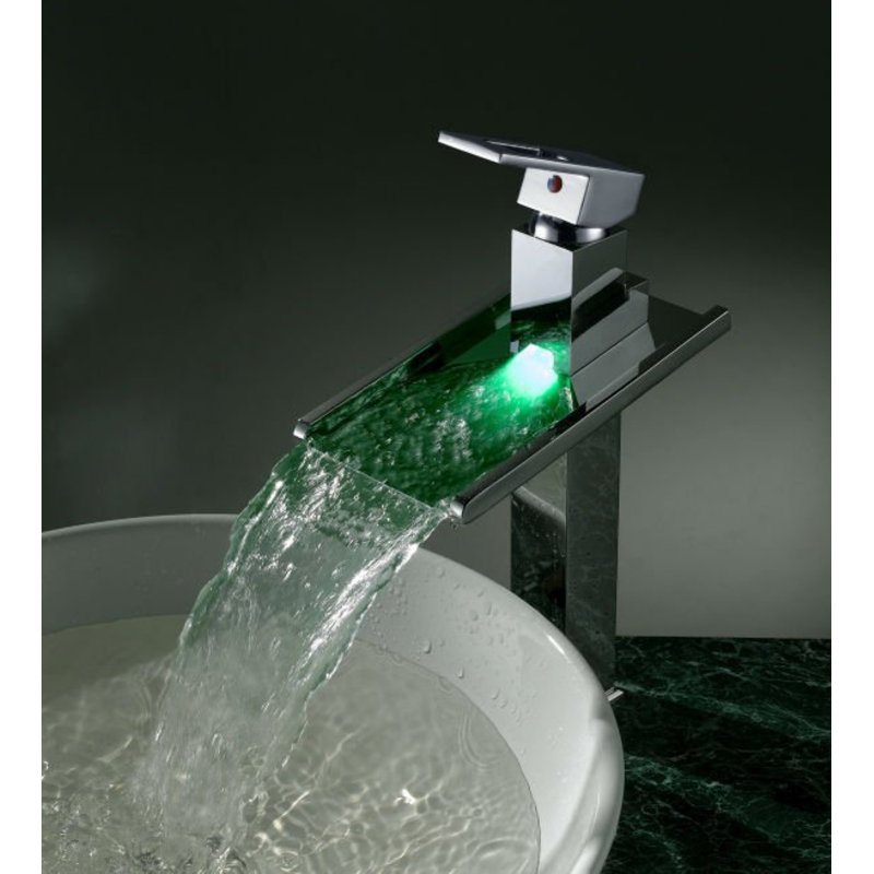 Juno Chrome Finish Solid Brass Deck Mounted LED Waterfall Basin Faucet Single Handle, Color Changing, Contemporary Design