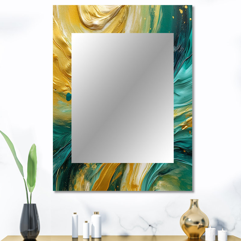 «Golden Turquoise Waves Breaking Abstract IV», grand miroir à formes abstraites, décor de miroir mural doré unique, art imprimé en métal