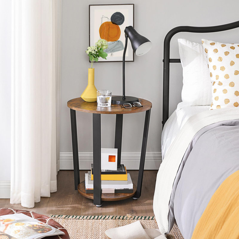 Rustic Brown and Black Round Wood Metal End Table