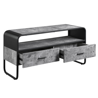 Meuble télé gris béton avec tiroir latéral à glissières métalliques et plateau de 15 mm d'épaisseur pour téléviseurs de 39 pouces ou moins et structure de console noire extensible jusqu'à