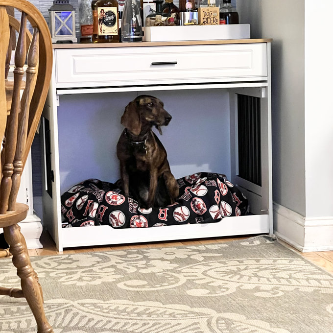 Large Dog Crate Furniture with Flip-up Door, Drawer, 34''H x 37''W x 24''D - Snow White