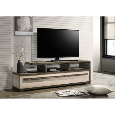Meuble télé en bois à deux tons avec tablettes ouvertes et tiroirs spacieux, design contemporain pour l'espace de vie, profondeur de produit de 69,82 po avec finition moderne, tablettes de rangement dissimulées, poids de 156 lb