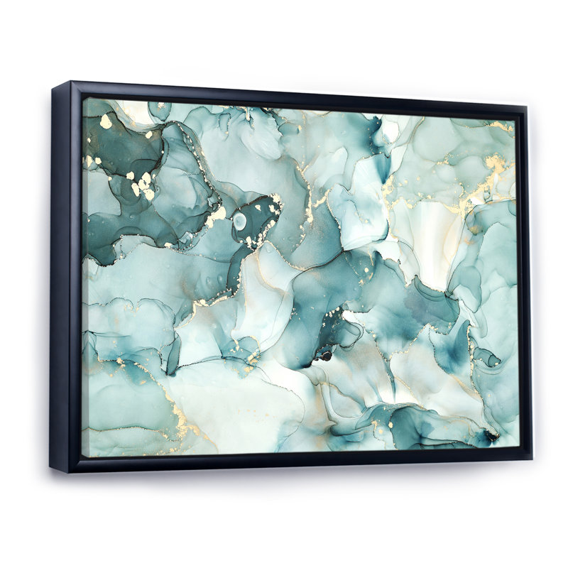 «Blue Luxury Abstract Fluid Art I», reproduction d'art sur toile moderne, H 16 po x l 32 po x P 1 po, Cadre flottant noir