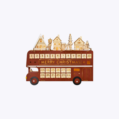 HOMCOM Christmas Advent Calendar, Light Up Table Xmas Wooden Bus Holiday Decoration with Countdown Drawer, Santa Claus Street House, for Kids and Adults