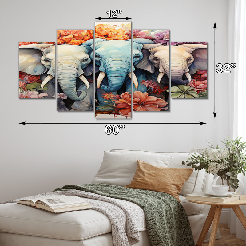  «Gray Orange Line Art Whimsical Animals - Reproduction d'art sur toile - 5 panneaux