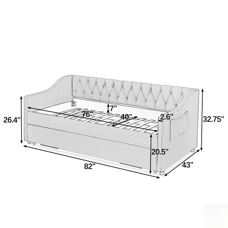 Upholstered Convertible Daybed with Tufted Button Backrest, 3-in-1 Sofa Bed with Pull-Out Trundle and Side Storage for Compact Living