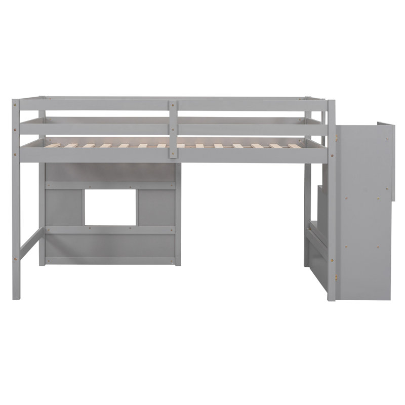 Lit mezzanine simple gris avec escalier et fenêtre de rangement en bois robuste pour chambre à coucher, Gris