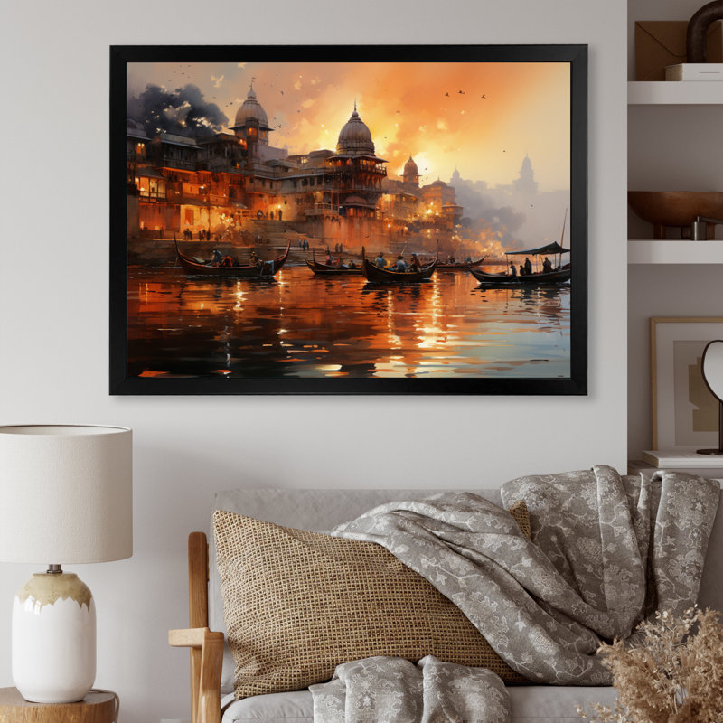 Indian Art Sunset At - Art mural indien, Cadre simple noir, H 24 po x l 32 po x P 1 po
