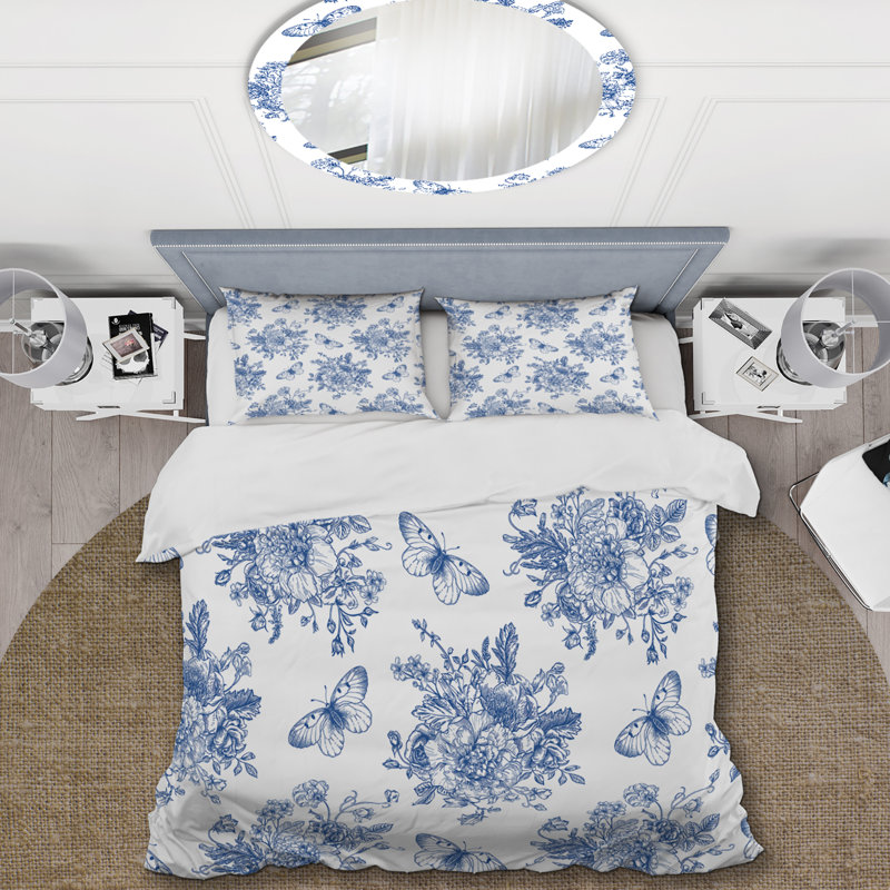 Fleurs bleues et papillons bleus II - ensemble de housse de couette floral - microfibre de polyester