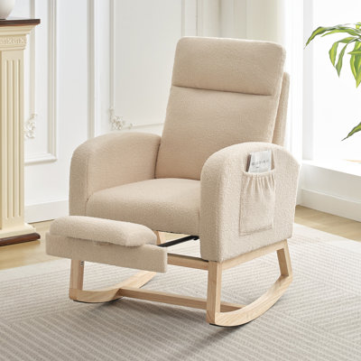 Modern Nursery Rocking Chair, Upholstered Glider Rocker with Foot Rest & Side Pockets, High Backrest Padded Accent Armchair, Recliner Chair, Beige