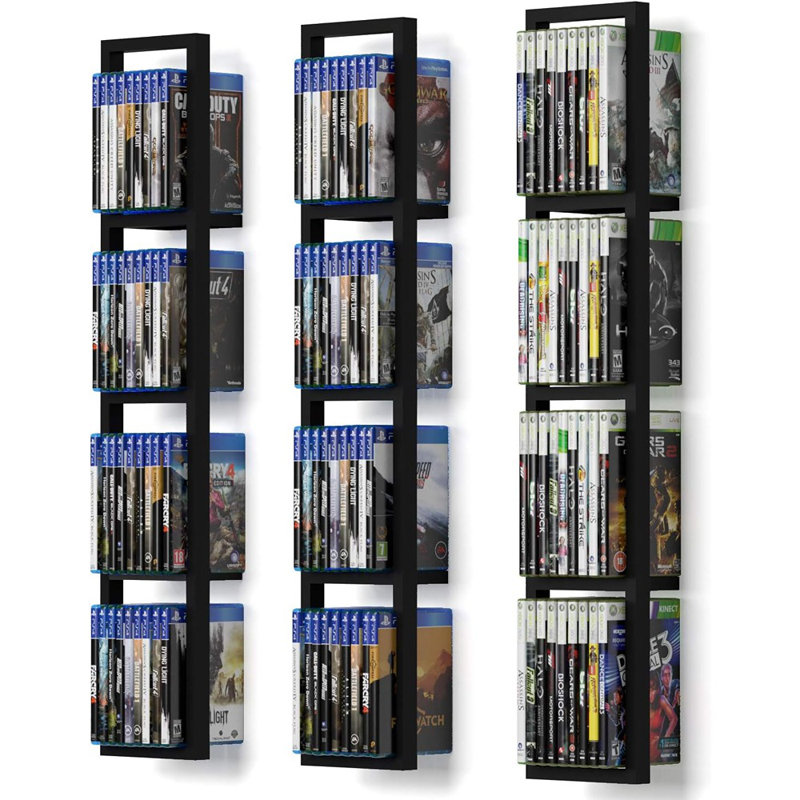 Wall-mounted Black Floating Shelves – 34" Cube Storage For Video Games, Cds & Dvds, Set Of 3