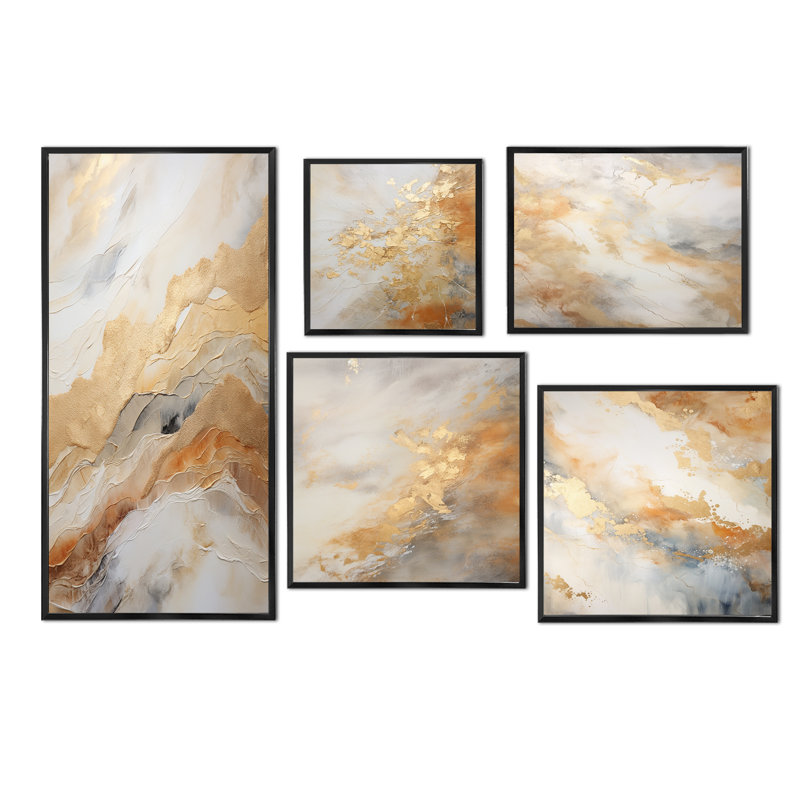 Geode Magic I - marbre abstrait doré - ensemble de 5 impressions sur toile, Cadre flottant noir