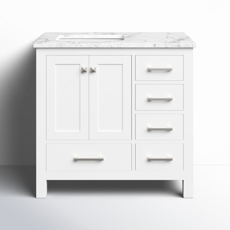 Meuble-lavabo autoportant 36 po Anvay en blanc mat avec plateau en marbre de Carrare, Marbre de Carrare blanc, Blanc mat