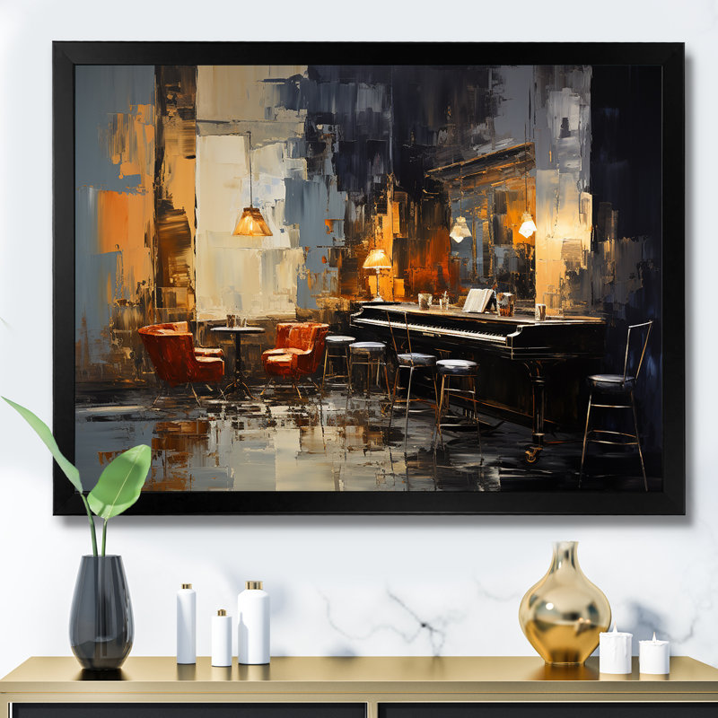 Rétro Sonate de Pinao dans Jazz Café IV - musique Jazz Art mural, Cadre d'angle fermé noir, H 34 po x l 44 po x P 1,5 po