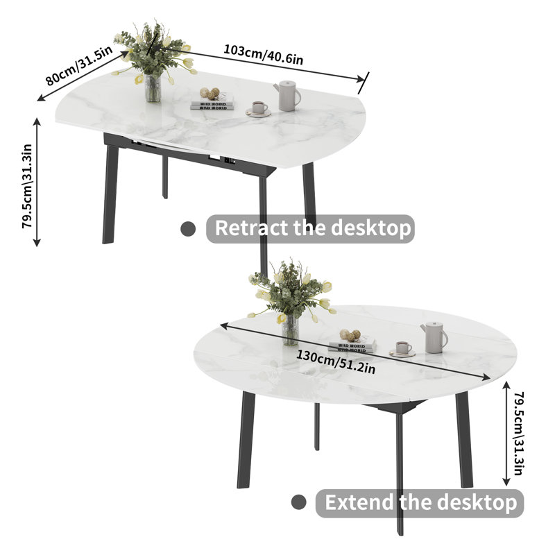 Champale Extendable Round Stone Top Metal Base Dining Table, White