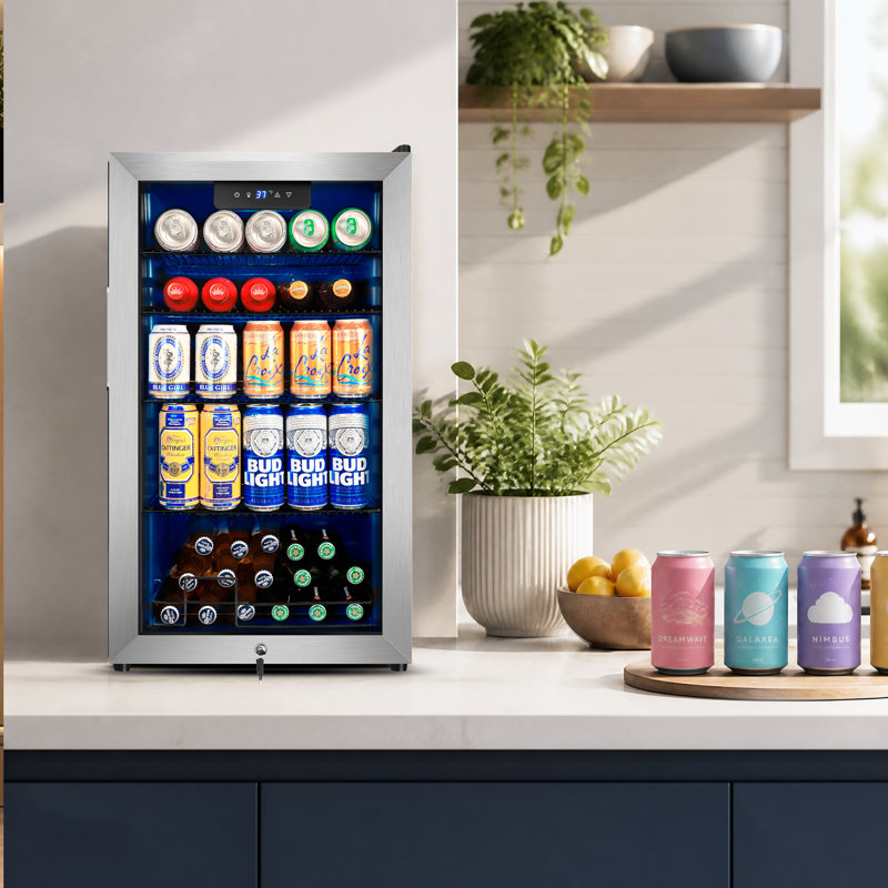 130 Can Beverage Refrigerator Cooler, 3.22 Cu.ft Beverage Cooler With Low-E Glass Door, Safety Lock, Beverage Fridge For Soda, Beer, Wine, Mini Fridge For Home, Office, Bar, Bedroom
