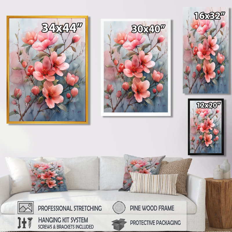 «Pink Grey Tender Bloom Apple Blossom I - Art mural fleur de pommier, H 12 po x l 20 po, Cadre simple noir