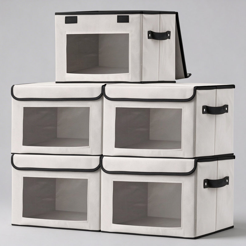 5 Pack Foldable Storage Boxes with Lids, Clear Window Fabric Organiser, Gray