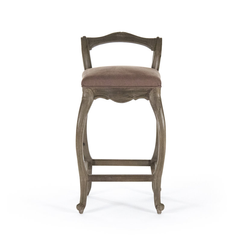 Birch Wood Brown Upholstered Bar Stool with Linen Seat