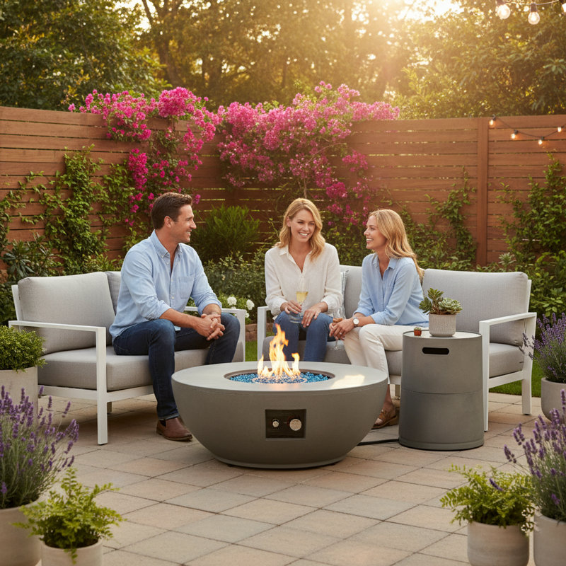 36“ W x 15" H Round Outdoor Propane Fire Pit Table in Solid Concrete color 50,000BTU with Lid and Hideaway Tank Cover as Side table