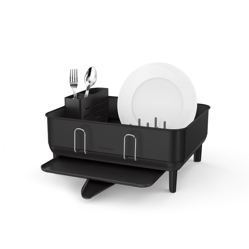 simplehuman Compact Kitchen Dish Drying Rack with Swivel Spout, Fingerprint-Proof Stainless Steel Frame, Black Steel/Black