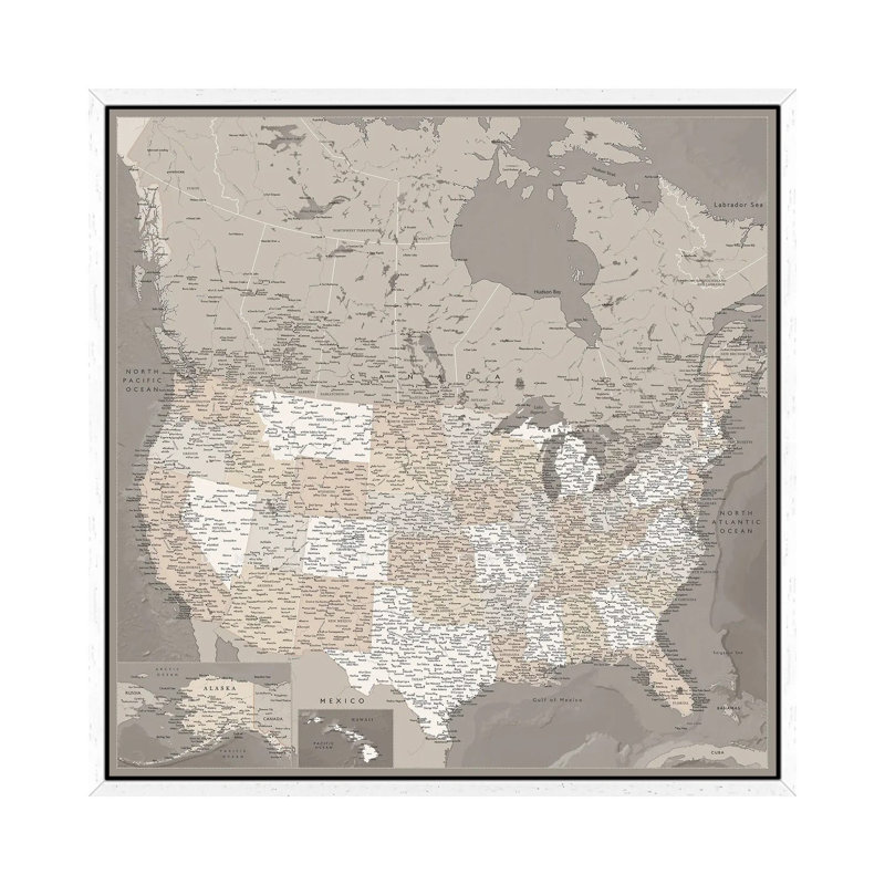 Detailed Map Of Usa And Canada, Davey by Blursbyai - Gallery-Wrapped Canvas Giclée on Canvas, White Floater Framed