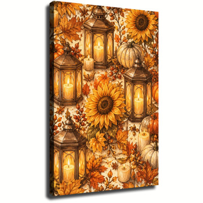 Autumn Sunflower Lantern Candle Maple Leaves Canvas Wall Art, Warm Fall Harvest Watercolor Art For Farmhouse Living Room Decor